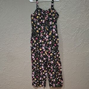 Black and Pink Floral Jumpsuit with Cropped Legs